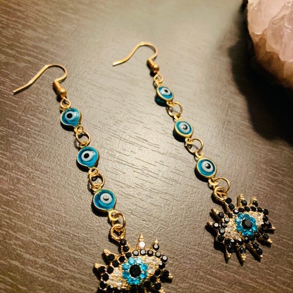 Gold-Plated Evil Eye Drop Earrings Multi-Layered CZ Third Eye Dangles – Vintage - Picture 3 of 4
